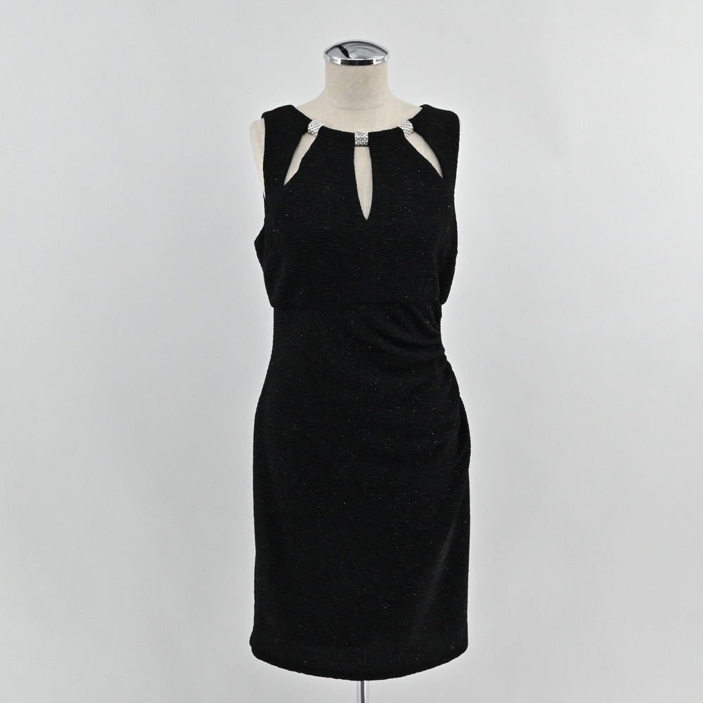 Eliza J Glitter Knit Cocktail Dress Womens Size 6 Black Sheath Ruched Cutout LBD